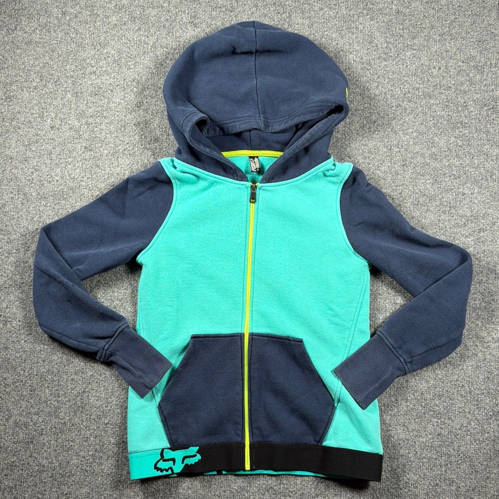Fox Racing Zip Up Hoodie Kids Size Small Teal Navy Blue Colorblock
